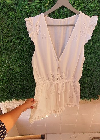 Dantel Detaylı Beyaz Bohem ince s beden tulum - Görsel 7