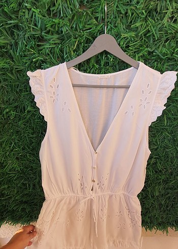 Dantel Detaylı Beyaz Bohem ince s beden tulum - Görsel 3