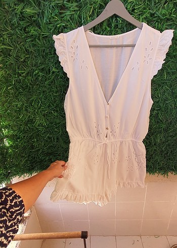 Dantel Detaylı Beyaz Bohem ince s beden tulum - Görsel 2