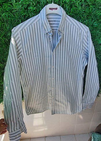 massimo dutti m/l uyumlu cizgili Gri Erkek Pamuk Gömlek