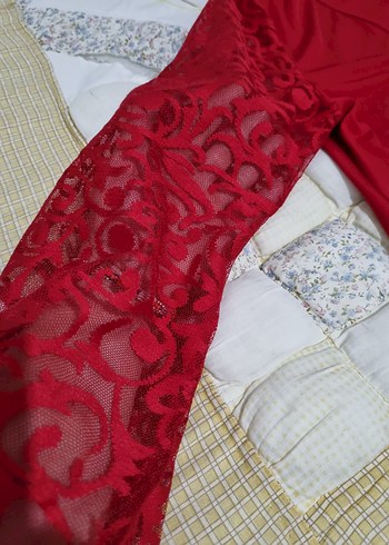 Koton Kırmızı V Yaka Dantel Kollu polyester Elbise