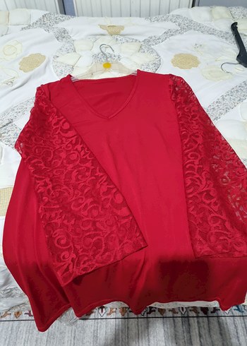 Kırmızı V Yaka Dantel Kollu polyester Elbise - Görsel 5
