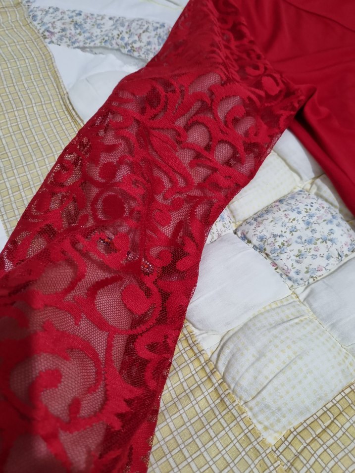 Kırmızı V Yaka Dantel Kollu polyester Elbise - Görsel 3