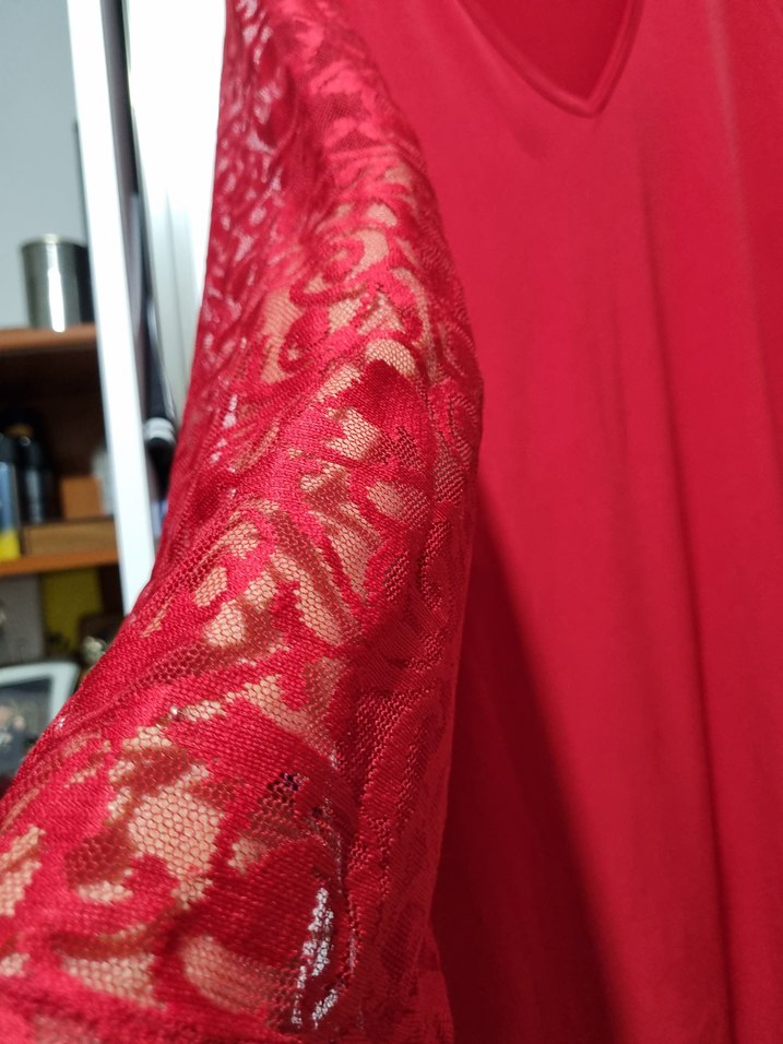 Kırmızı V Yaka Dantel Kollu polyester Elbise - Görsel 2