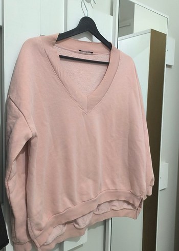 Pembe V Yaka Uzun Kollu Salaş Sweatshirt - Görsel 6