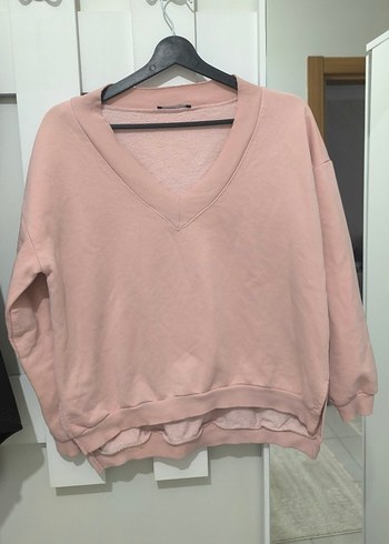 Pembe V Yaka Uzun Kollu Salaş Sweatshirt - Görsel 2