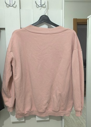 Pembe V Yaka Uzun Kollu Salaş Sweatshirt - Görsel 3