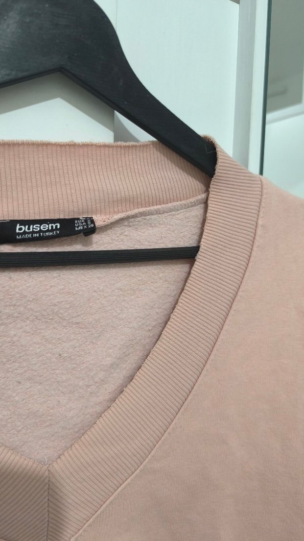 Pembe V Yaka Uzun Kollu Salaş Sweatshirt - Görsel 5
