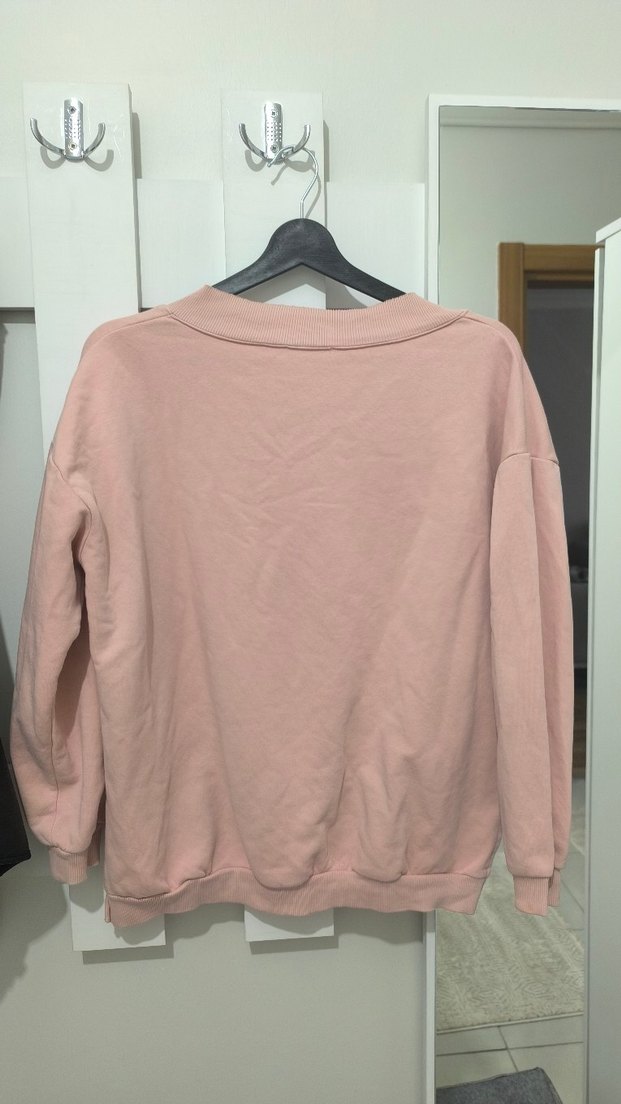 Pembe V Yaka Uzun Kollu Salaş Sweatshirt - Görsel 3