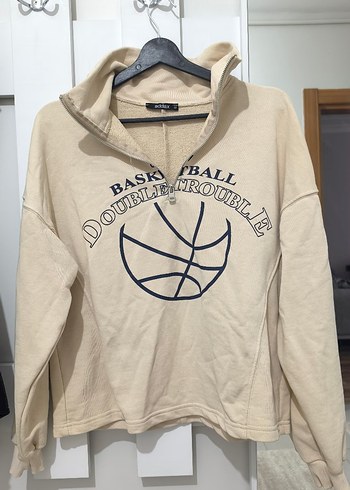 Bej Baskılı Dik Yaka Yazılı Fermuarlı Sweatshirt - Görsel 2