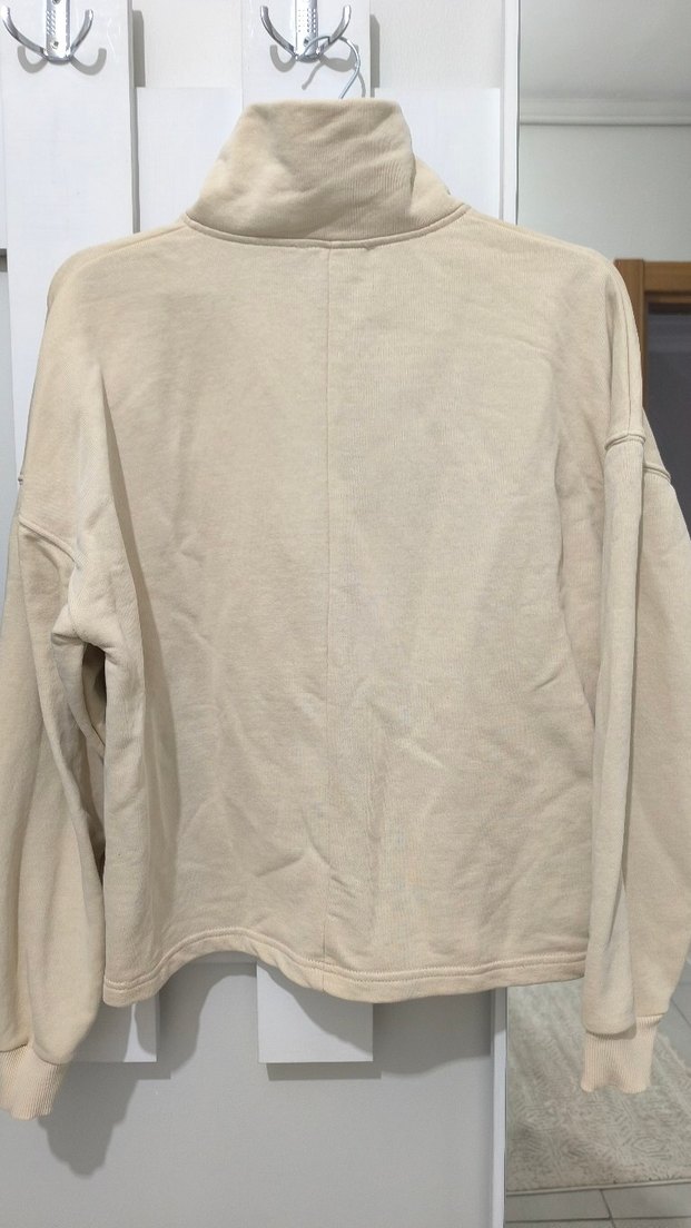 Bej Baskılı Dik Yaka Yazılı Fermuarlı Sweatshirt - Görsel 4