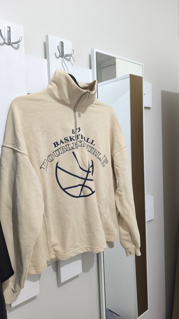 Bej Baskılı Dik Yaka Yazılı Fermuarlı Sweatshirt - Görsel 3