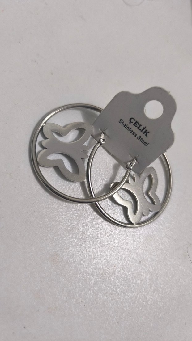 Halka Çelik Kelebek Desenli Stainless Steel Küpe - Görsel 2