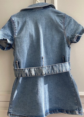 Kemerli Kız Kot Elbise, Kısa Kollu, Mavi - Görsel 3