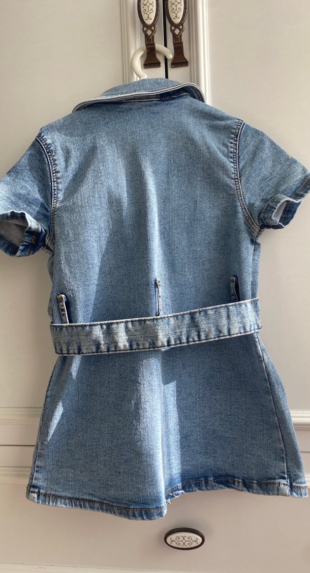 Kemerli Kız Kot Elbise, Kısa Kollu, Mavi - Görsel 3