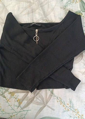 uzun Kollu Fermuarlı Siyah crop bluz - Görsel 2