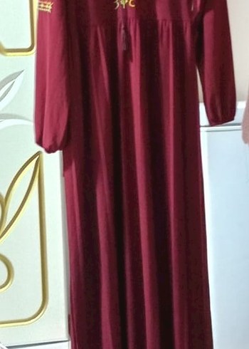 Bordo Uzun Kollu Nakışlı Kadın Elbise