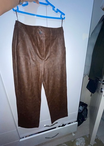 kahverengi Düz Desenli deri pantalon - Görsel 4