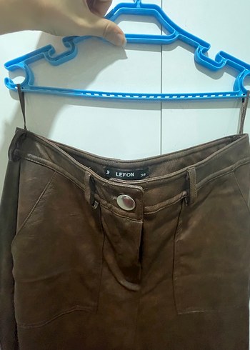 kahverengi Düz Desenli deri pantalon - Görsel 2