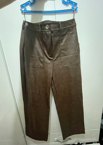 kahverengi Düz Desenli deri pantalon - Görsel 3