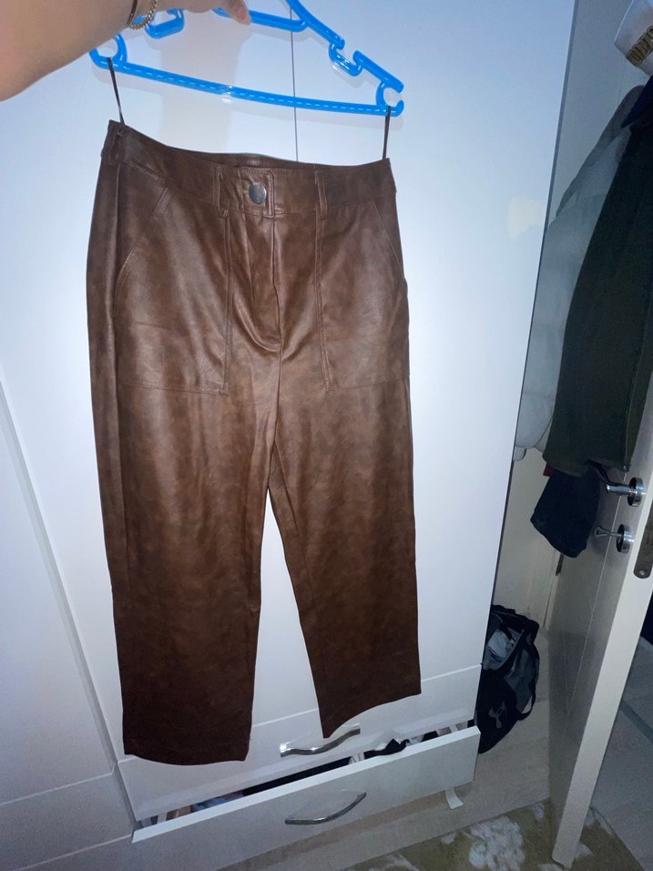 kahverengi Düz Desenli deri pantalon - Görsel 4