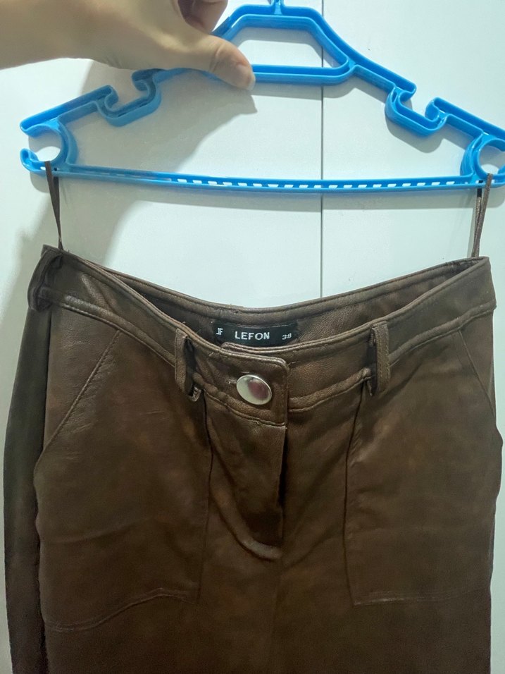 kahverengi Düz Desenli deri pantalon - Görsel 2