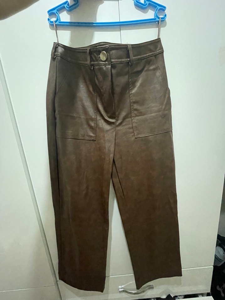 kahverengi Düz Desenli deri pantalon - Görsel 3