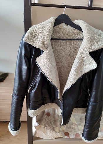 Siyah Kürklü Deri Biker Ceket - Görsel 3