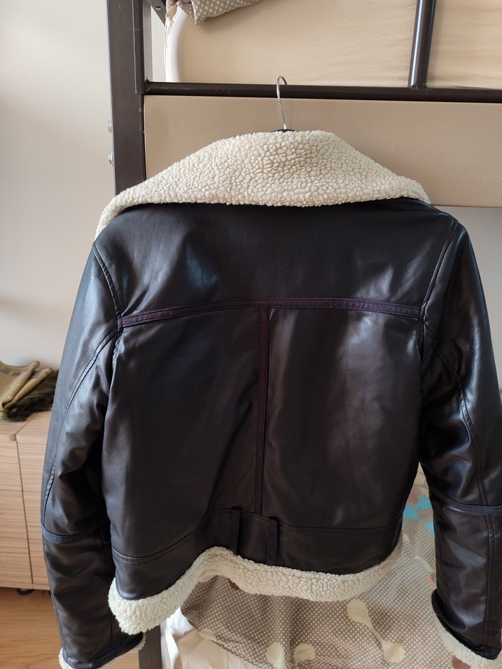 Siyah Kürklü Deri Biker Ceket - Görsel 2