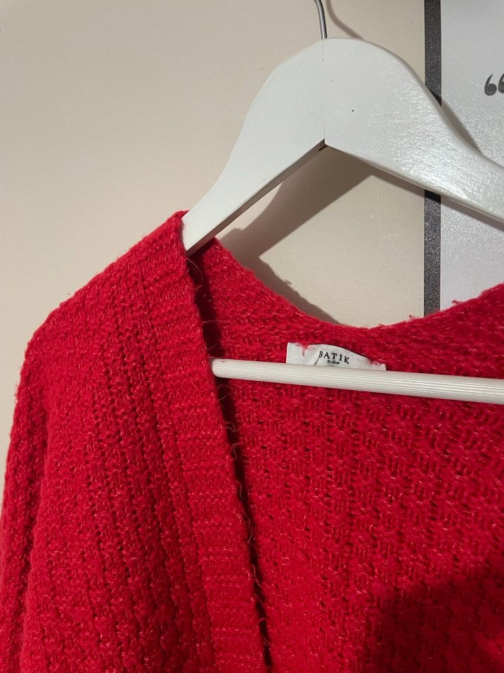Kısa Kollu Kırmızı Örgü Kadın Hırka - Görsel 2