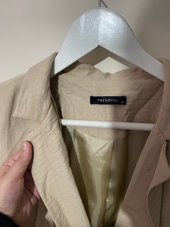 Bej Keten Düğmeli Kadın Blazer Ceket - Görsel 2