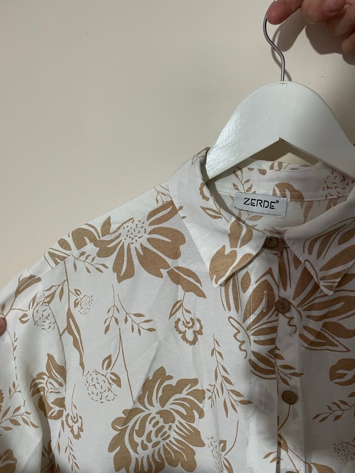 Bej Çiçekli Bohem Kadın Keten Gömlek - Görsel 2