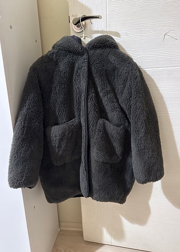 Gri Kız Çocuk Çift Taraflı Peluş Kürk Detaylı Mont