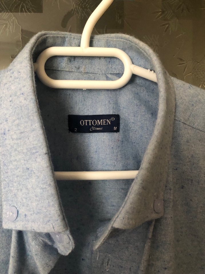 Mavi Keten Erkek Gömlek, Uzun Kollu, Düğmeli - Görsel 2