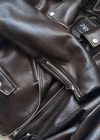 Zara parlak kahverengi deri ceket - Görsel 2