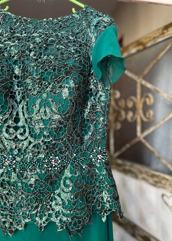 Turkuaz Desenli Uzun Kadın Abiye Elbise - Görsel 3