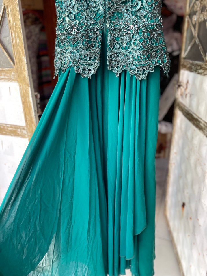 Turkuaz Desenli Uzun Kadın Abiye Elbise - Görsel 5