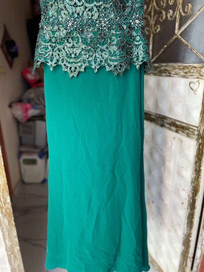 Turkuaz Desenli Uzun Kadın Abiye Elbise - Görsel 4