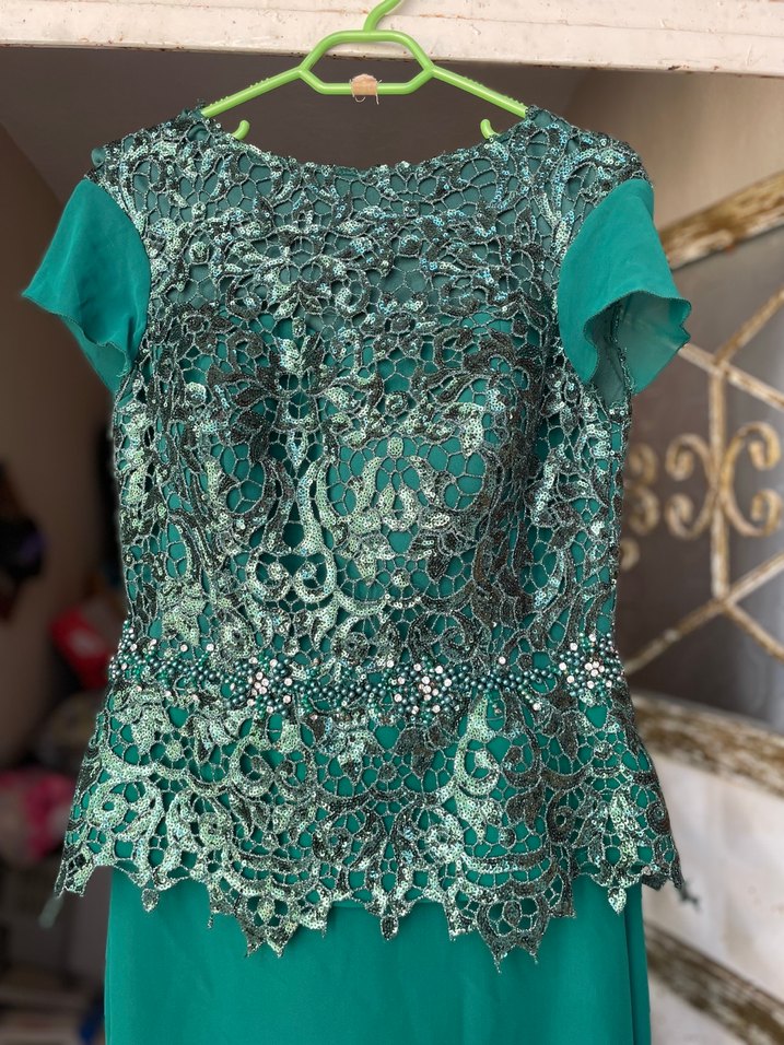 Turkuaz Desenli Uzun Kadın Abiye Elbise - Görsel 2