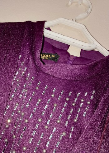 Uzun Mor V Yaka Kadın Abiye Elbise - Görsel 2