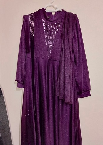 Uzun Mor V Yaka Kadın Abiye Elbise - Görsel 3