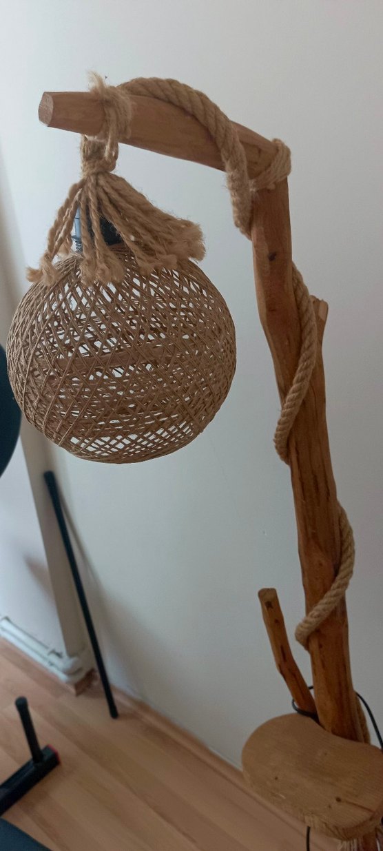 Bej Doğal Ahşap ve İp Lambader - Görsel 3