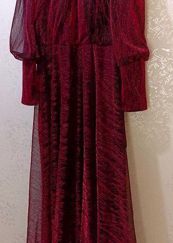 Bordo Uzun Kollu Drapeli Uzun Elbise - Görsel 2