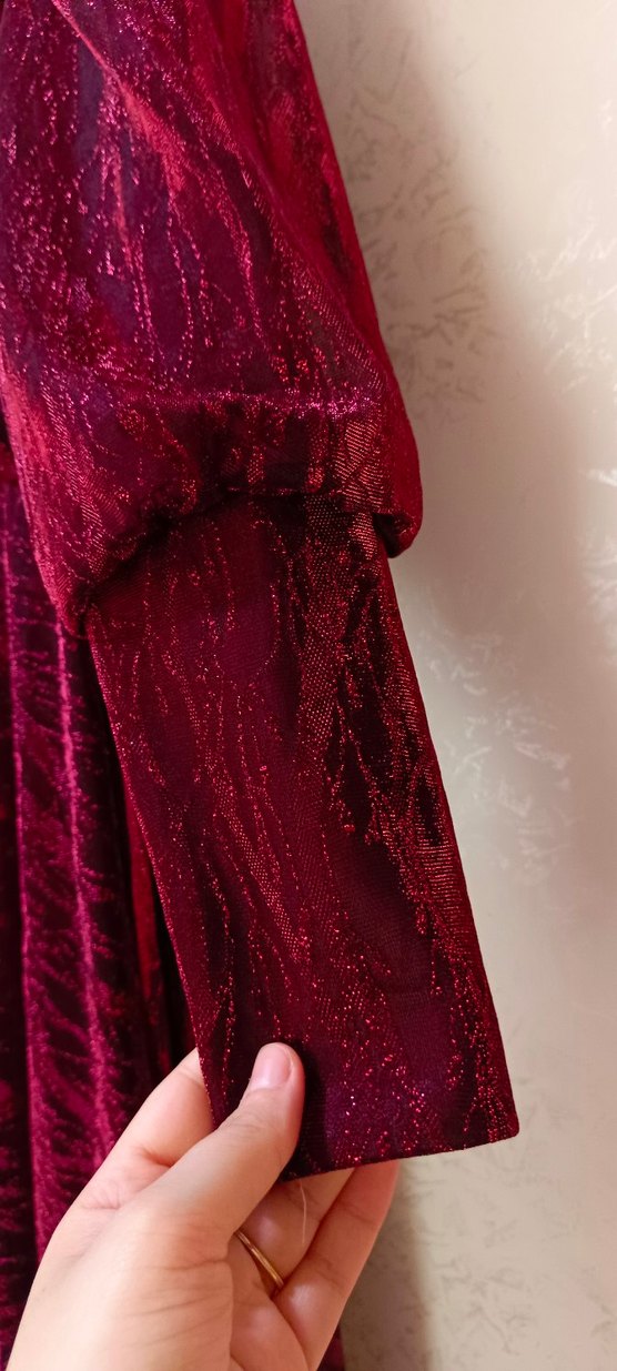 Bordo Uzun Kollu Drapeli Uzun Elbise - Görsel 4