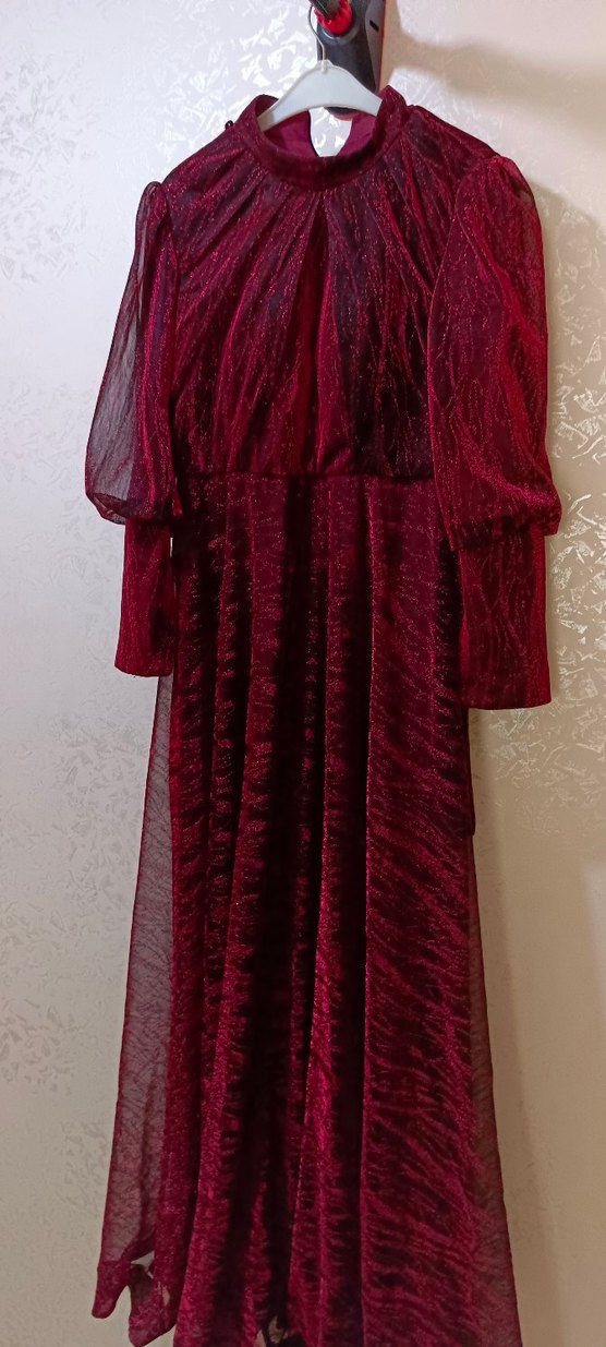 Bordo Uzun Kollu Drapeli Uzun Elbise - Görsel 5