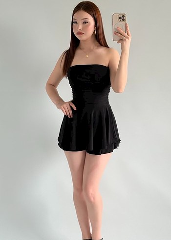 xs Beden Siyah Straplez Şortlu Mini Elbise