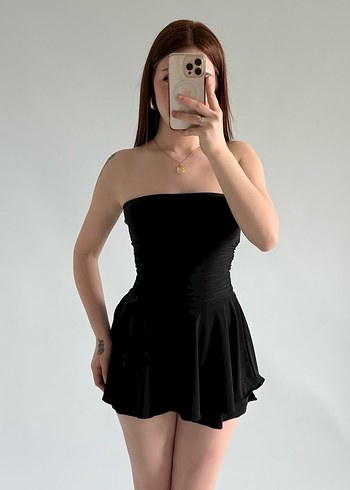 Siyah Straplez Şortlu Mini Elbise