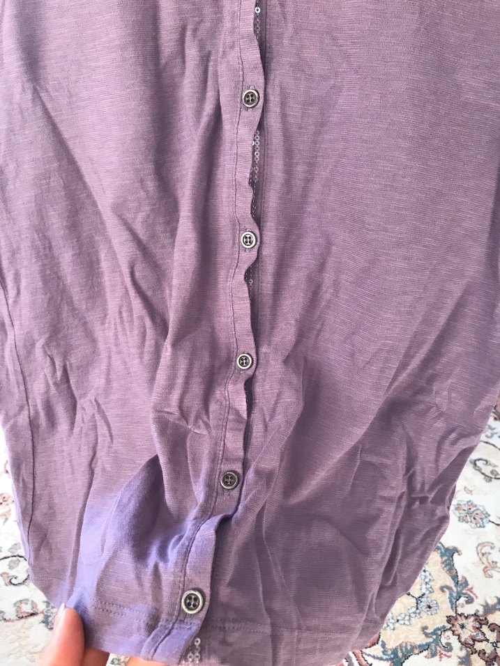Düğmeli Uzun Kollu Mor Keten Kadın Gömlek - Görsel 3