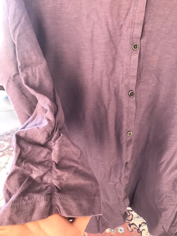 Düğmeli Uzun Kollu Mor Keten Kadın Gömlek - Görsel 4