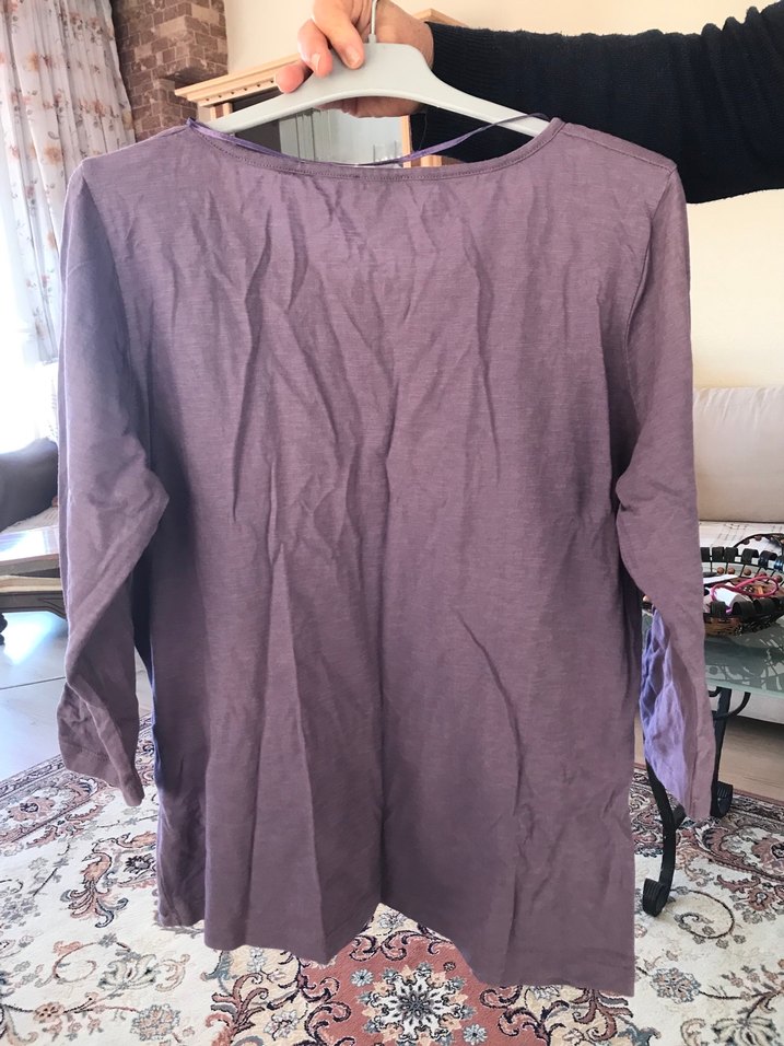 Düğmeli Uzun Kollu Mor Keten Kadın Gömlek - Görsel 5